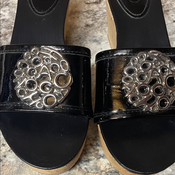 Coach Judith Black Patent Leather Cork Wedge Sandals - Picture 11 of 12